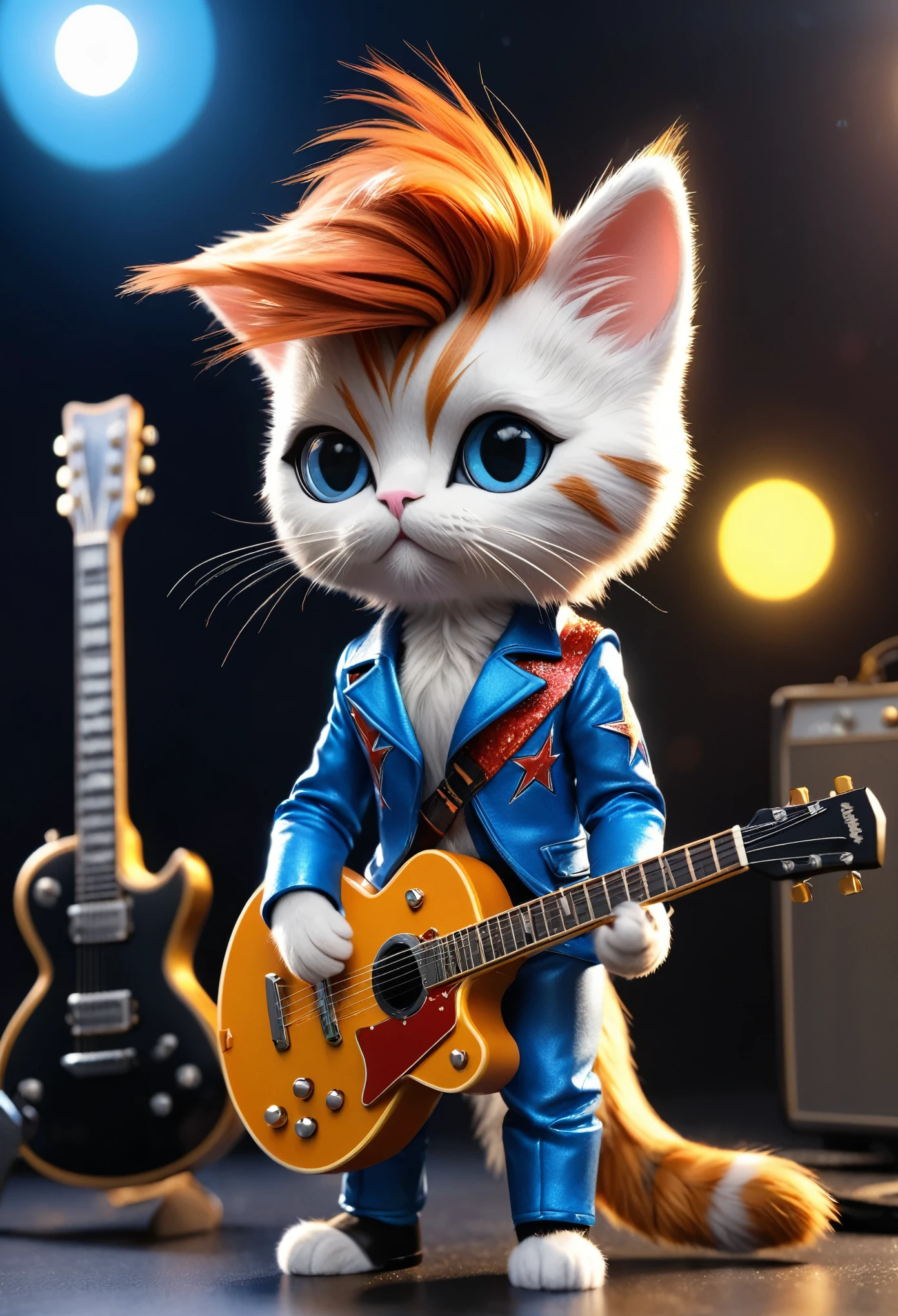 Cute Mini cat David Bowie ziggy stardust cosplay angora, playing guitar Gibson ES-345, isometric view, Cinematic, Hyperrealistic, Backlit, Extremely low angle, Highly detailed, scaled down, Unrealistic rendering, 8K
