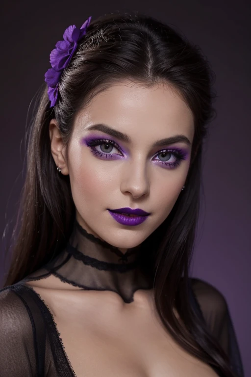Jeune femme de 25 ans, visage fin, cheveux long, yeux marrons, HD, 8K, masterpiece, sourire romantique, sexy, mascara noir, maquillage noir, black lips, tenue gothique, vêtements noirs et violets, toile d'araignée en dentelle, cheveux noirs et violets, bodypainting, purple paint, dracula, nude, full purple and black bodypainting