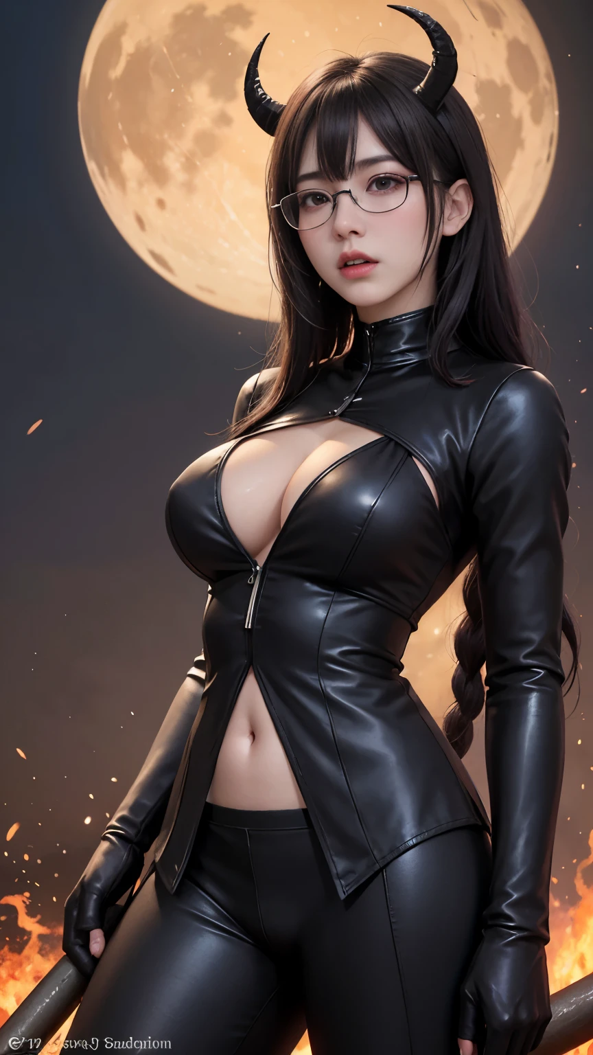 background（Black Night Sky，Big Moon），Close-up of a woman，Wearing a white shirt、((Black-rimmed glasses))、Purple Hair，Very long hair，very thick braids，Purple eyes，big ， realistic girl rendering, 8k artistic german bokeh, Enchanting girl, Realistic girl, Gurwitz, Gurwitz-style artwork, Girl Roleplay, Realistic 3D style, cgstation Popular Topics,, 8K Portrait Rendering,（truth，truth：1.4），Wear pink pajamas，巨big ，Sparkling eyes，Purple eyes、(highest quality,4K,8k,High resolution,masterpiece:1.2),Very detailed,(Realistic,photoRealistic,photo-Realistic:1.37),Mythical monster,Beast-like creature,Muscular,Six big legs,Stand like a gorilla,Red fur covering the body,two big horns,Drill teeth,Sharp Claws,Huge shape,Burning Fire Magic,Energy aura,A threatening presence,Glowing Eyes,Intimidating posture,Dark Environment,Smoke-filled air,Ominous Shadow,Majestic and fierce,Explosive power,Vibrant colors,bold,Horror art style,moving composition,Dramatic lighting,rib layer,large sharp teeth,Sharp Edges,Very detailedスケール,Burning Crack,Burning Flames,Furious expression,Burning with anger,Surrounded by sparks and embers