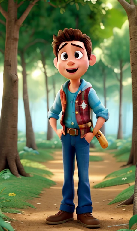 Un pixar estilo 3d con un chico tocando una lira en el bosque