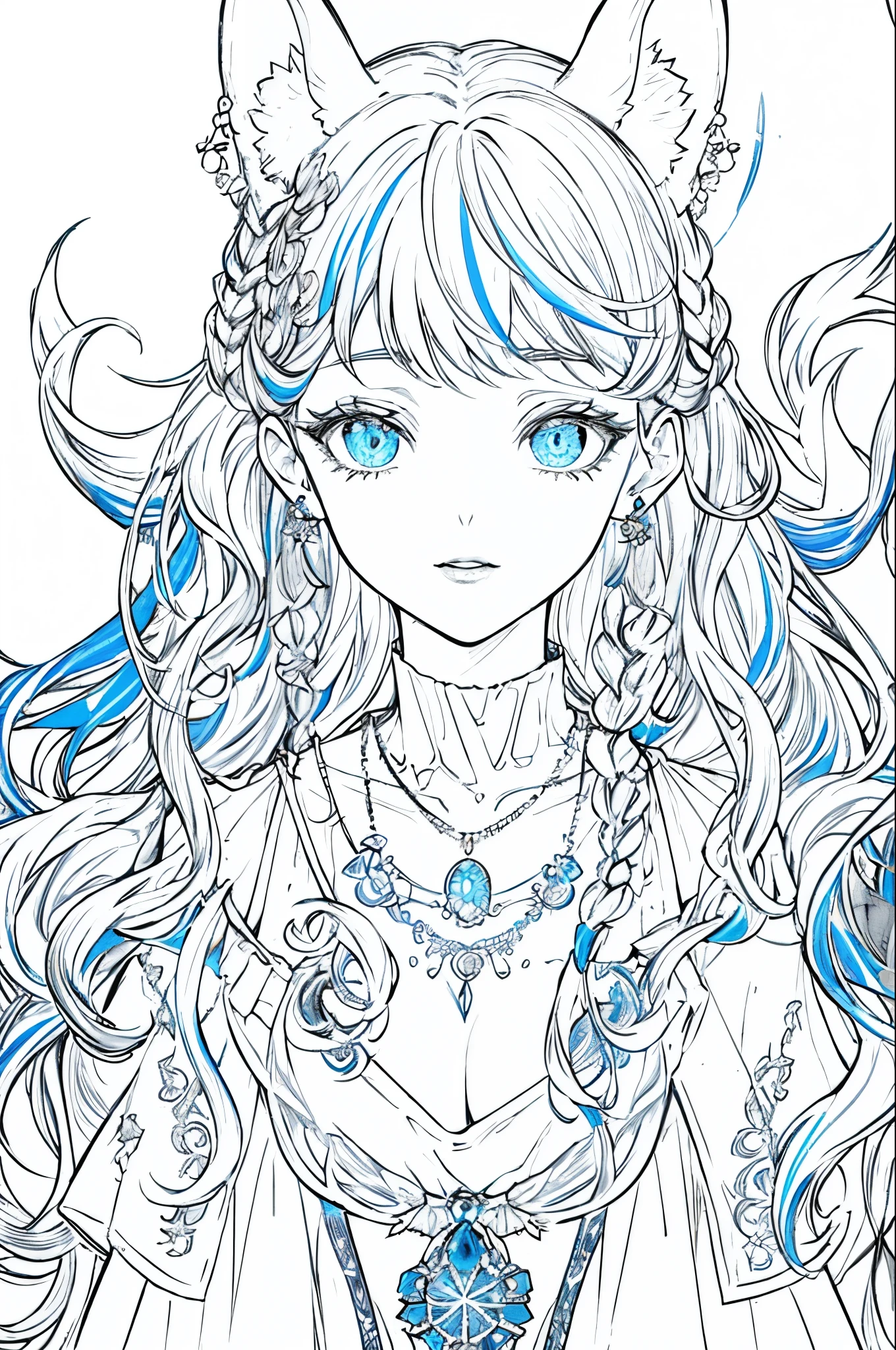 (Masterpiece, Best Quality, High Resolution), (White Background: 1.4), [Glitter], [Looking at the Viewer, Portrait, 1 Sweet Chinese girl], (Long Hair, Blue Hair, Wavy Curls, Multicolored Twisted Big Braid: 1.3, Furry Fox Ears, Air Bangs), White shirt, Short Sleeves, Delicate Facial Features, Pink Lips, Earrings, Necklace, crisp lines, art by Gearous; ((focus on face)), perfect features, ((perfect lineart)), (((colorful))