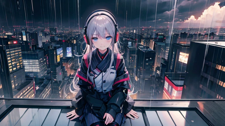 Tokyo、Shibuya、building、rooftop、rain、puddle、tatami、大きなnull、、梅rain、null、cloud、uniform、、youth、A sad, slightly smiling face、Headphones、、Panorama、Boots