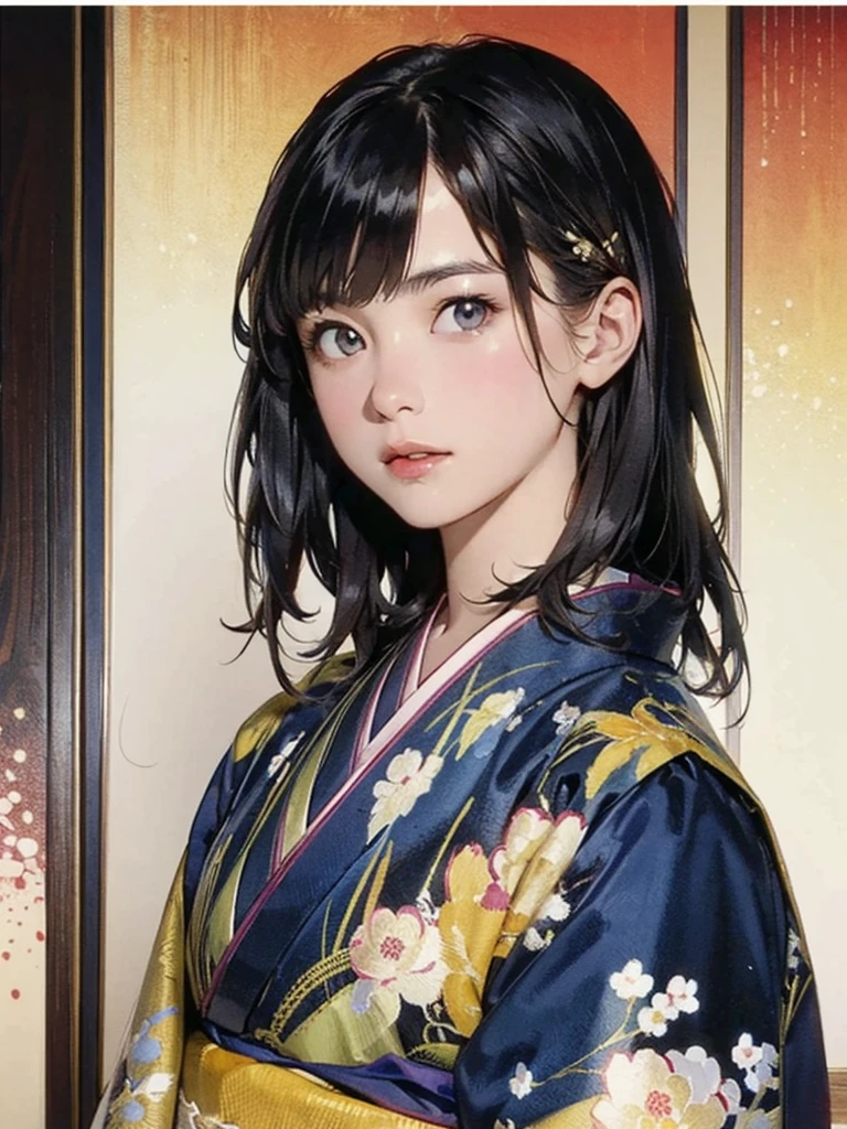 (highest quality、8K、32k、masterpiece)、(masterpiece,newest,exceptional:1.2), anime,1girl,bangs,black_hair, beautiful 8k eyes,cloud,day,dress,looking_at_viewer,outdoors,red_neckwear,red_ribbon,ribbon,river,short_hair,short_sleeves,sky,skyscraper,solo,standing,town,water、((Very beautiful woman, Fuller lips, Japanese pattern kimono))、((Colorful Japanese kimono)))、(((Medium Shot)))、Blunt bangs、(High resolution)、、very beautiful face and eyes、1 girl 、round and small face、thin waist、delicate body、(highest quality high detail Rich skin details)、(highest quality、8K、oil paint:1.2)、Super detailed、(realistic、realistic:1.37)、bright colors、(((Black Hair)))、(((Long Hair)))、(((Cowboy photos)))、((( Inside an old Japanese house)))、(masterpiece, top quality, best quality, official art, beautiful and aesthetic:1.2), (1girl), extreme detailed,(fractal art:1.3),colorful,highest detailed,Sengoku period(High resolution)、Very beautiful face and eyes、1 girl 、Round and small face、Narrow waist、Delicate body、(highest quality high detail Rich skin details)、(highest quality、8k、Oil paint:1.2)、(Realistic、Realistic:1.37)、ncorporates a blend of watercolor and digital illustration techniques