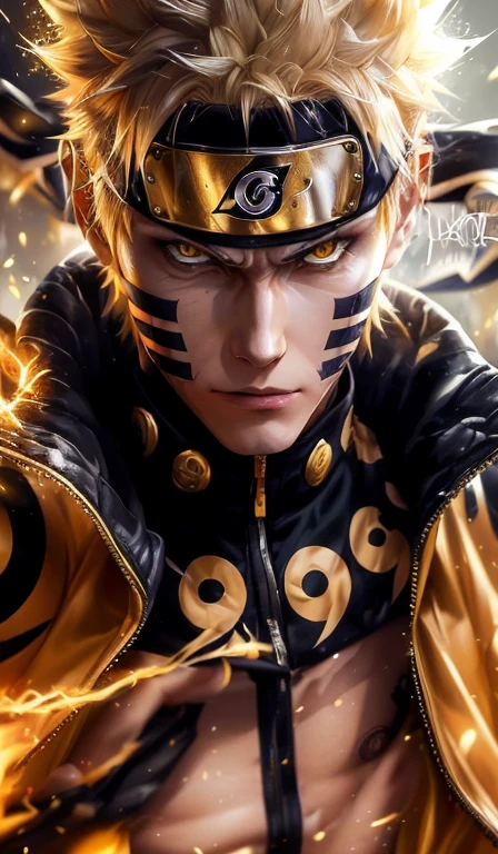 a close up of a person with a gold jacket and a gold jacket, naruto artstyle, joker as naruto, naruto uzumaki, from naruto, shinobi, naruto, sakimi, fanart best artstation, vibrant fan art, range murata and artgerm, joker looks like naruto, masayoshi suto and artgerm