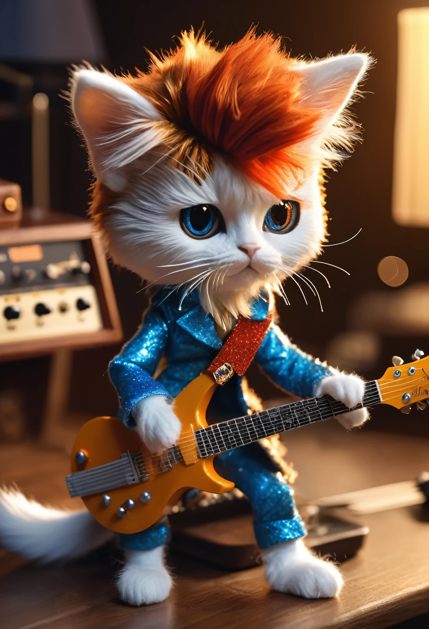 Cute Mini cat David Bowie ziggy stardust cosplay angora, playing  guitar Gibson ES-345, isometric view, Cinematic, Hyperrealistic, Backlit, Extremely low angle, Highly detailed, scaled down, Unrealistic rendering, 8K