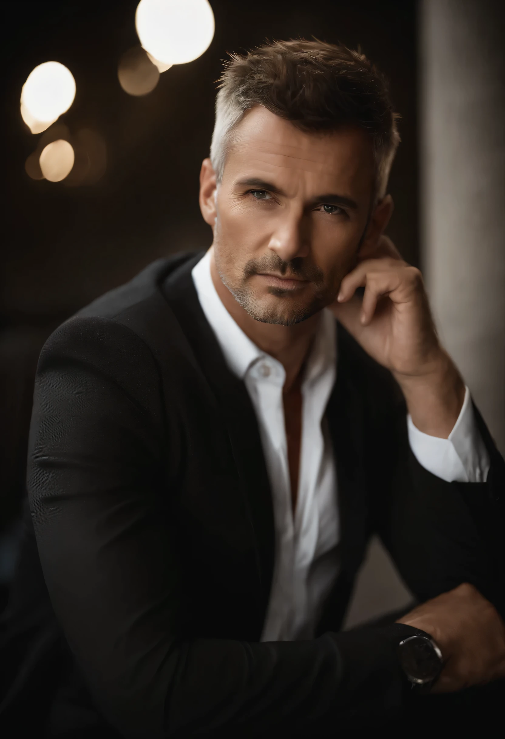 cinematic portrait , um homem bonito, Alto e em forma, (40 anos:1.1), (barbeado:1.2), (cabelo castanho curto e espetado :1.5),(cabelo espetado muito curto:1.6). terno preto apertado, camisa branca . fundo minimalista, clean composition, detalhes fortes, cores suaves, hasselblad, estilo cru
