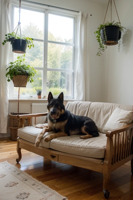 German Shepherd sleeping in basket, Zimmer, warm, Couch, Hanging plants, Teppich, gelb, orange, Bilder an Wand, Schreibtisch, large window, 