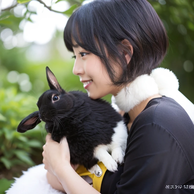 Japanese women、Delicate face、Black Hair、Holding a rabbit、Older sister type、profile、A little sexy