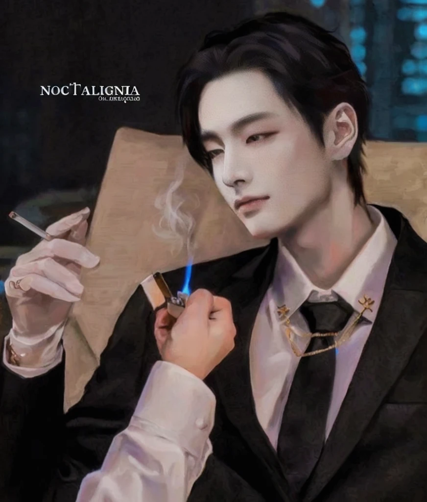 there is a man in a suit smoking a cigarette and holding a lighter, official fanart, album art, jung jaehyun, official artwork, high quality fanart, hyung tae, album, all from the group nct, delicate androgynous prince, official fan art, beautiful androgynous prince, cai xukun, Fanart ", fanart, from ncsoft