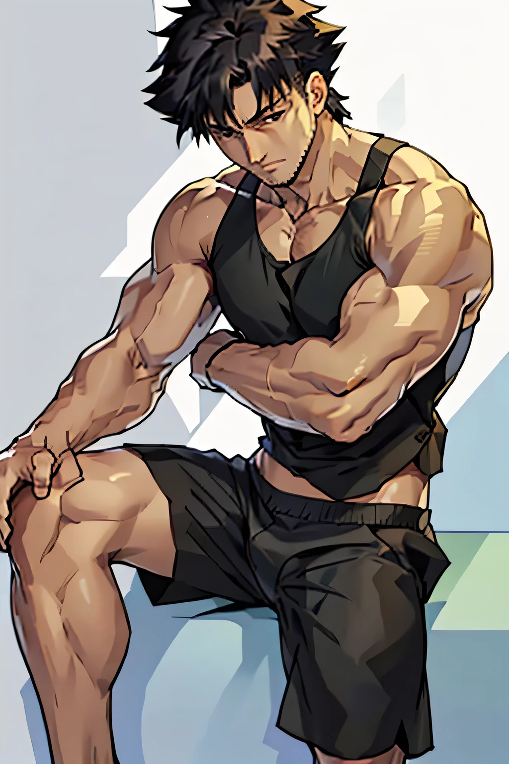 Kiritsugu Emiya is sitting and flexing his thighs. He is wearing a black tanktop and black boxershorts. He has rolled up his boxershorts so you can see his entire thighs.