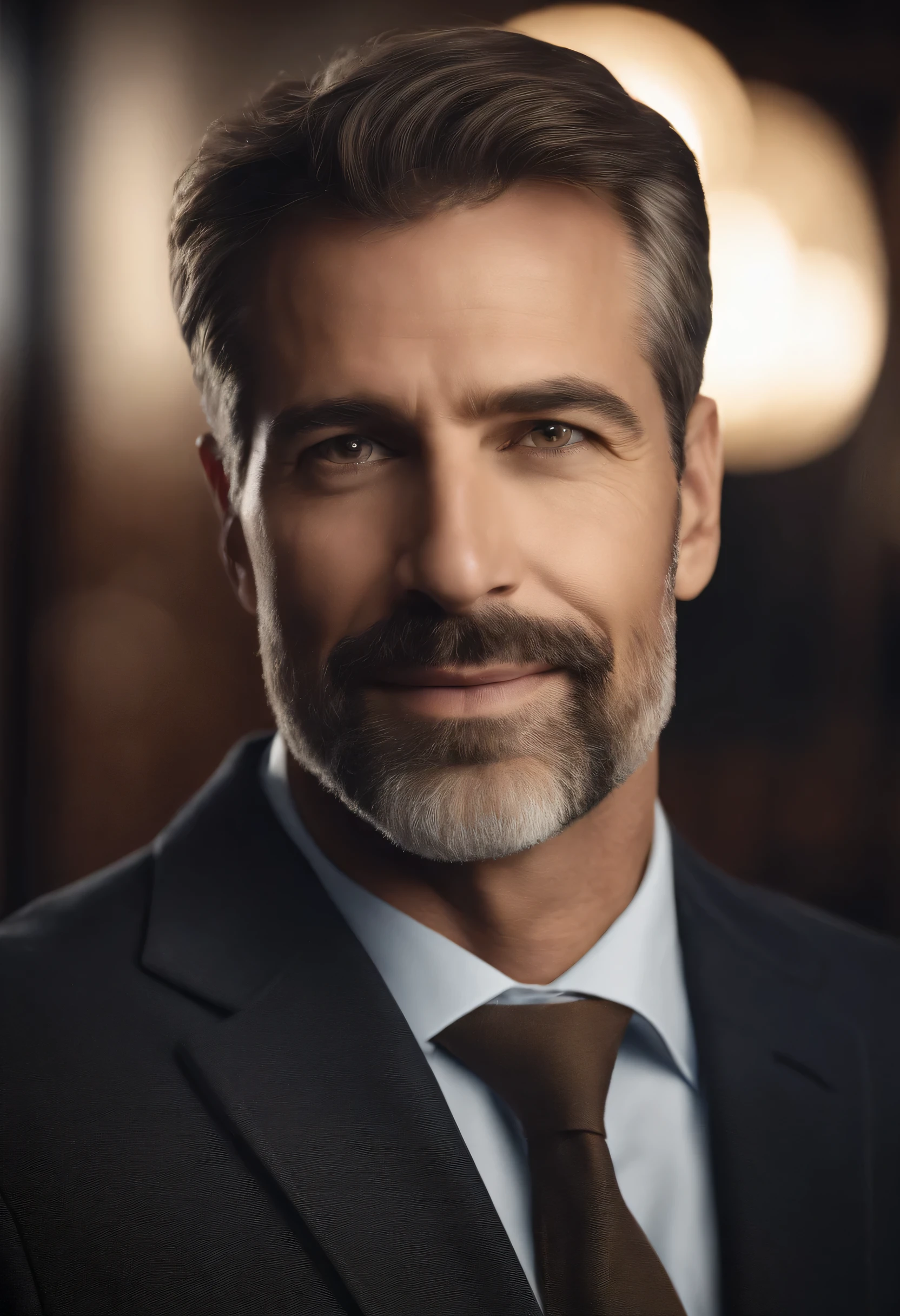 realistic portrait of middle-aged business Profissional, 100 lagoas de peso, Profissionally dressed in a suit and tie, Alta qualidade, higher resolution, looking directly at the camera, standing position, Profissional, lindos olhos detalhados levemente acastanhados, beautiful detailed lips, barba curta, cabelo curto grisalho, Kind expression, sorriso caloroso, Distinctive Appearance, adequate lighting, Fundo liso, Medium screen, textura ultra-detalhada,Obra de arte:1.2