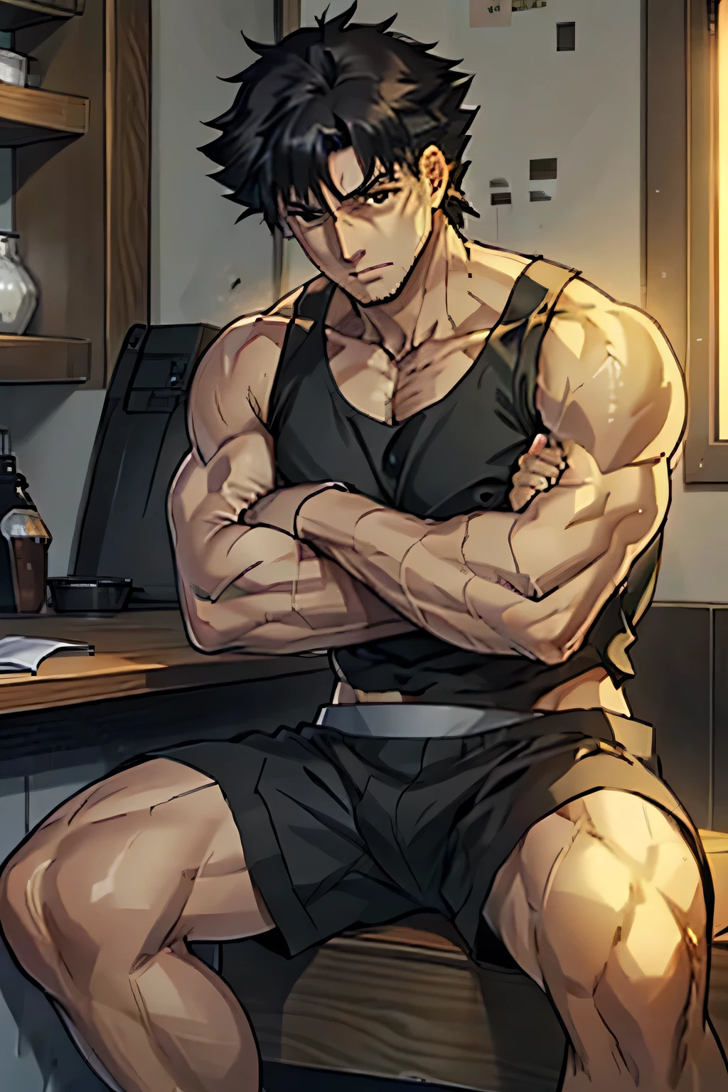 Kiritsugu Emiya is sitting and flexing his thighs and calfes. He is wearing a black tanktop and black boxershorts. He has rolled up his boxershorts so you can see his entire thighs. he is touching his calfes with his hand.
