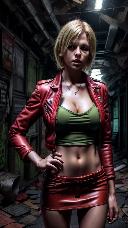 young blond Chear Leader with red leather jacket, Resident Evil, Realistic post apocaliptic scenes, lots of details, Zombie games, ultra-clear, short mini skirt, slim hips showing, skinny woman, skinny waist and groin, beautiful cleavage
