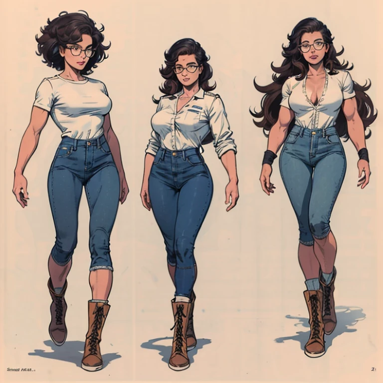 young girl, tanned skin, tousled brown tousled slightly wavy medium length hair, whole body, trained muscular proportional athletic physique, Beautiful body, round beautiful face, sparkling dark brown eyes, long eyelashes, glasses with lenses, Aesthetically pleasing , model pose, heavy long-brimmed military naval pea coat, white shirt with unbuttoned top button, jeans tucked into chunky high lace-up hiking boots, fingerless gloves, simple white background, conceptual art