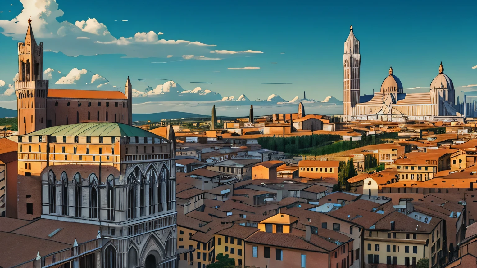 A panoramic view of the majestic city of Siena in Transalor. Large towers rise above the houses, while an aura of mystery hangs over the city