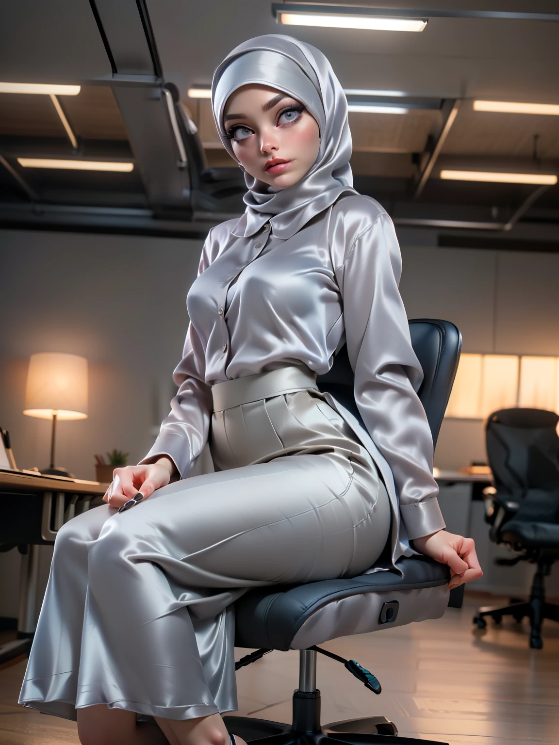((((Masterpiece, best quality, photography, detailed skin, realistic, photo-realistic, 8k, highly detailed, full length frame, High detail RAW color art, diffused soft lighting, shallow depth of field, sharp focus, hyperrealism, cinematic lighting, hijab, a woman in a beautifully makeup, smokey eyeshadow, beautiful big eyes, long eye lashes, wearing (Beige satin hijab), loosely tide hijab style, ((gray satin shirt)), satin long maxi skirt, sitting on office chair