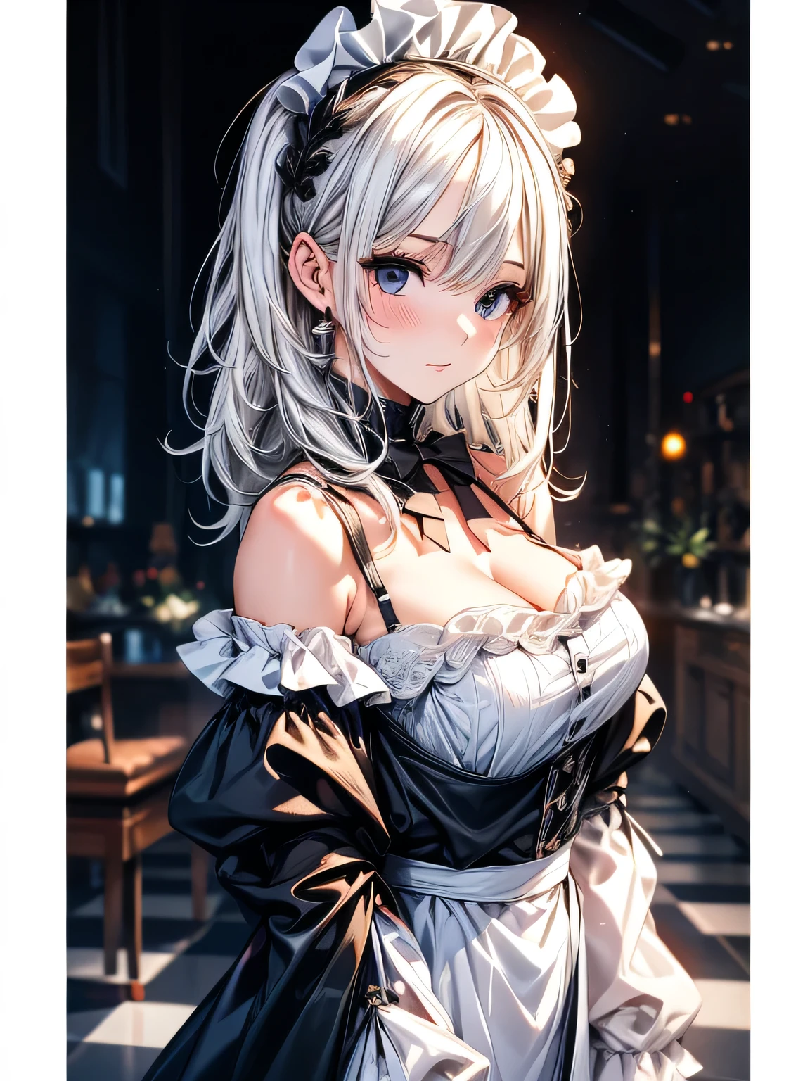 best quality, masterpiece, Ultra-high resolution, Reality, 1 Girl, White hair, Black eyes, maid outfit, Off-shoulder, oblivious, 30 years old
