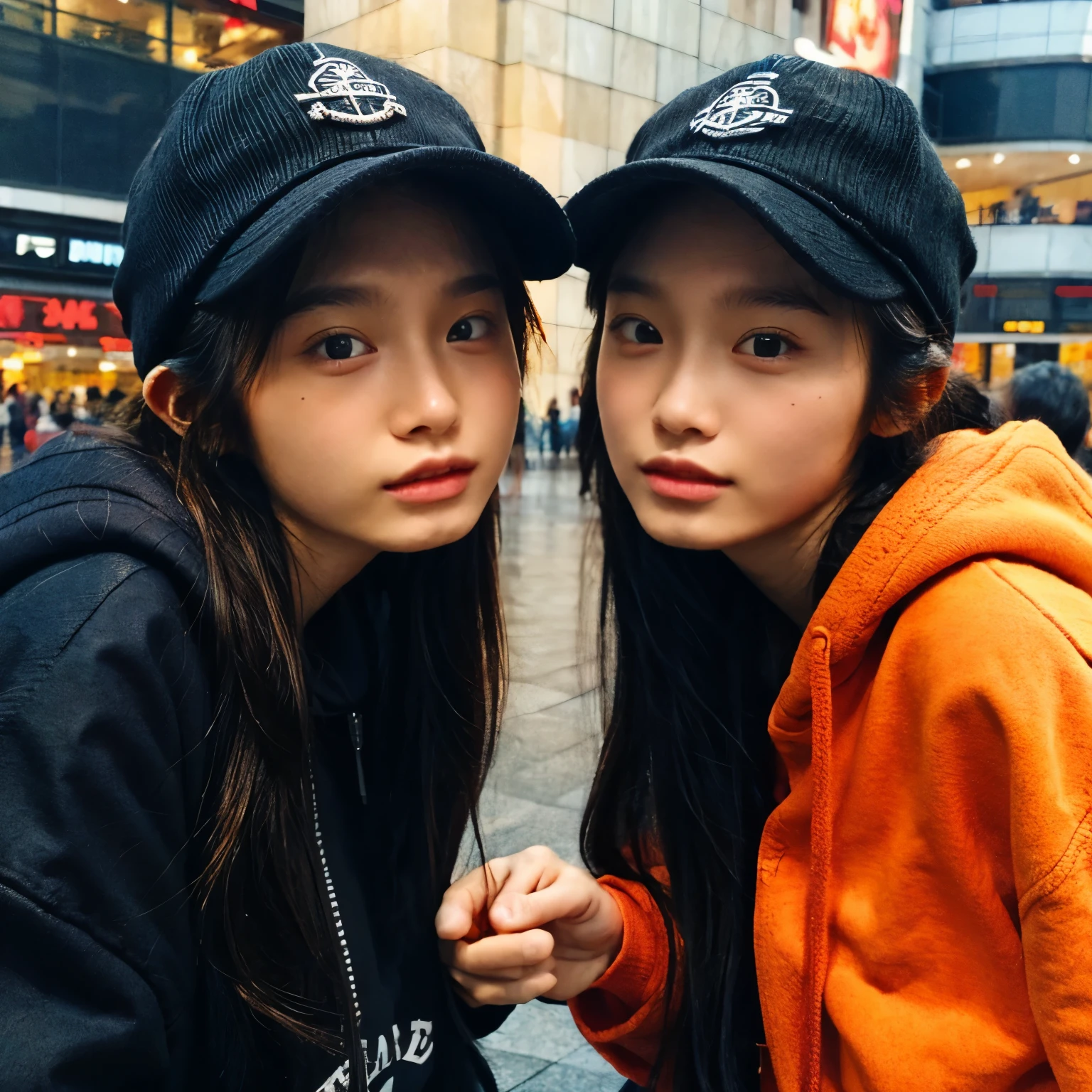 Identical twin sisters wearing hats。The background is the mall。gathered in the middle。The girl on the left is、He is wearing a black hat and a black down jacket over a red hoodie.。, And with your left hand you are holding the piece close to your face.。The girl on the right is wearing a light brown hat., A black down jacket over an orange sweatshirt, And in his right hand he holds the piece.