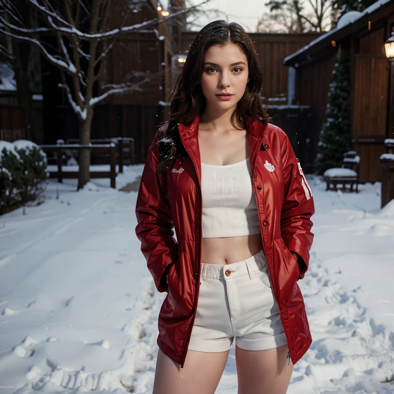 A Masterpiece, (Morena Baccarin:Christina Hendricks:0.5), beautiful girl, 20 years old, girl standing in red jacket and white shorts in snow night view