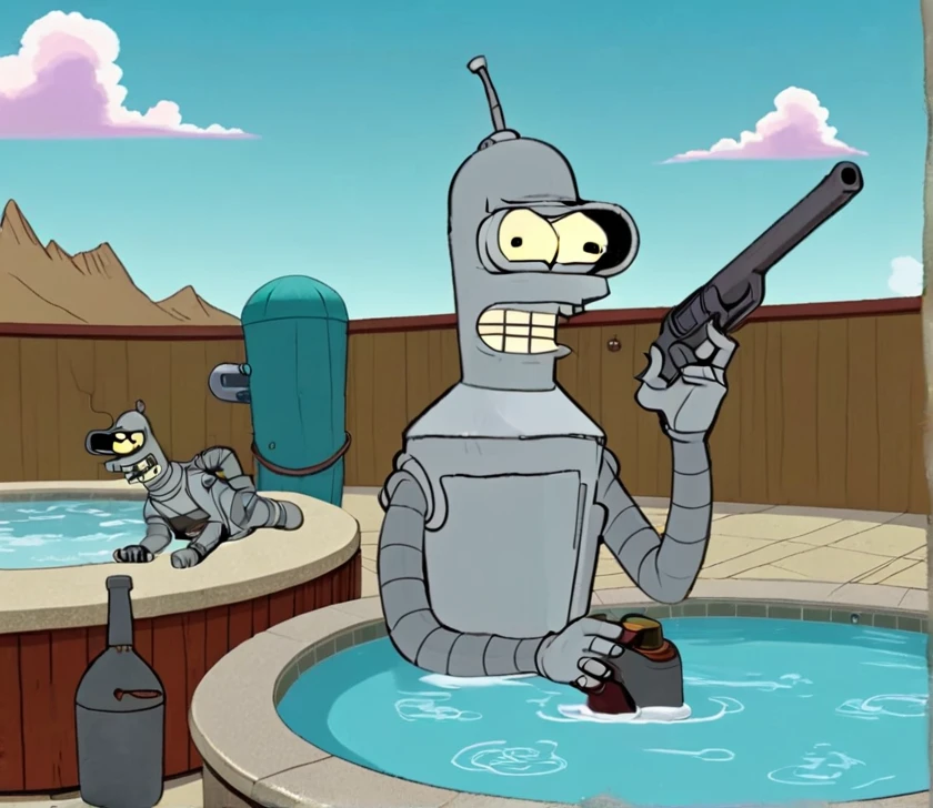 Bender holding Gun sitting at Hot Tubs, Style of Vaporware