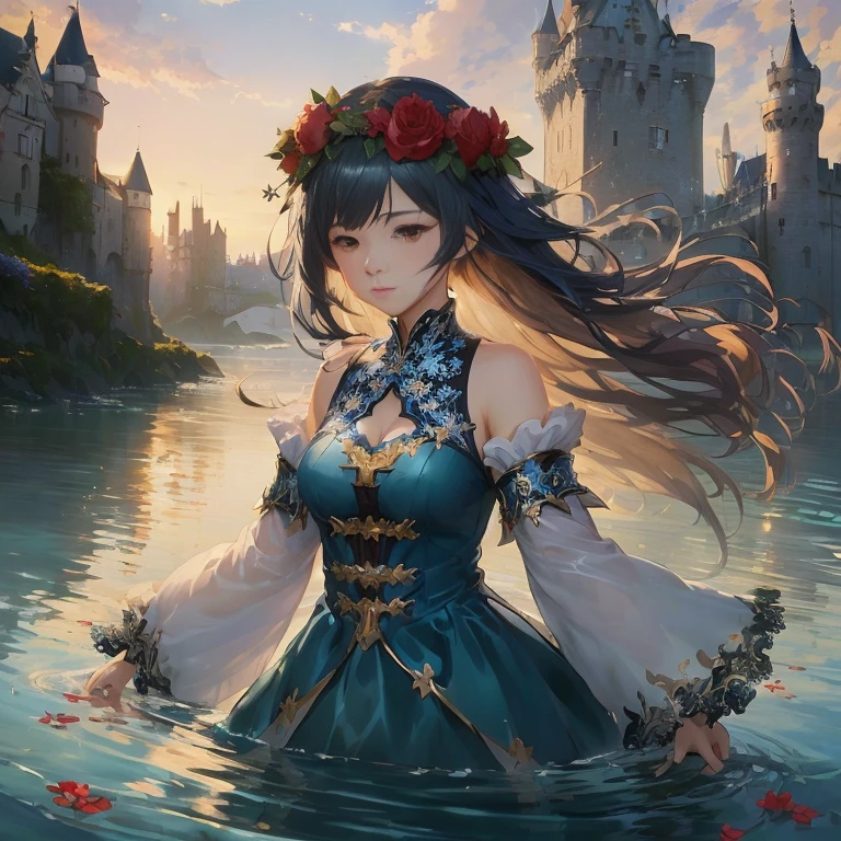 anime girl in a blue dress standing in water with castle in background, cushart krenz key art feminine, beautiful maiden, guweiz on pixiv artstation, guweiz on artstation pixiv, high detailed official artwork, trending on artstation pixiv, hestia, epic light novel art cover, beautiful fantasy anime, 8k high quality detailed art