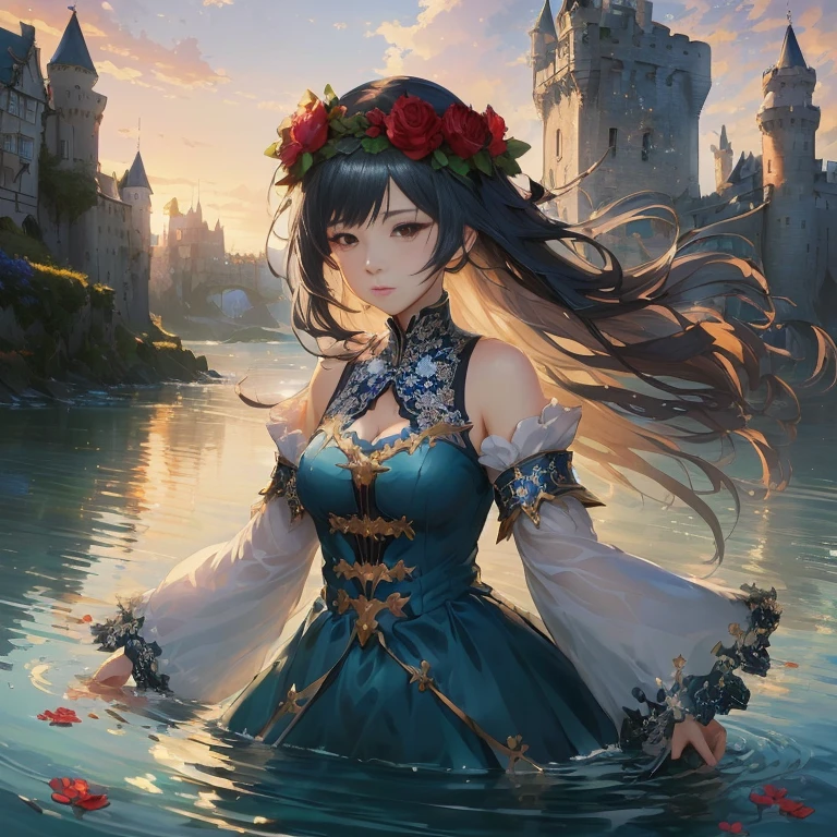 anime girl in a blue dress standing in water with castle in background, cushart krenz key art feminine, beautiful maiden, guweiz on pixiv artstation, guweiz on artstation pixiv, high detailed official artwork, trending on artstation pixiv, hestia, epic light novel art cover, beautiful fantasy anime, 8k high quality detailed art