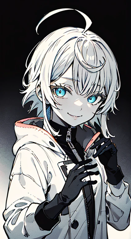 kamisato ayaka, (best quality, highres, masterpiece:1.2), upper body, detailed black and white coat, modern style, cute pose, fade smile, flawless skin, stylish haircut, captivating gaze, soft lighting, both hand wearing gloves