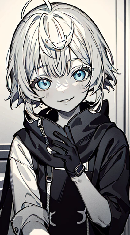 kamisato ayaka, (best quality, highres, masterpiece:1.2), upper body, detailed black and white coat, modern style, cute pose, fade smile, flawless skin, stylish haircut, captivating gaze, soft lighting, both hand wearing gloves