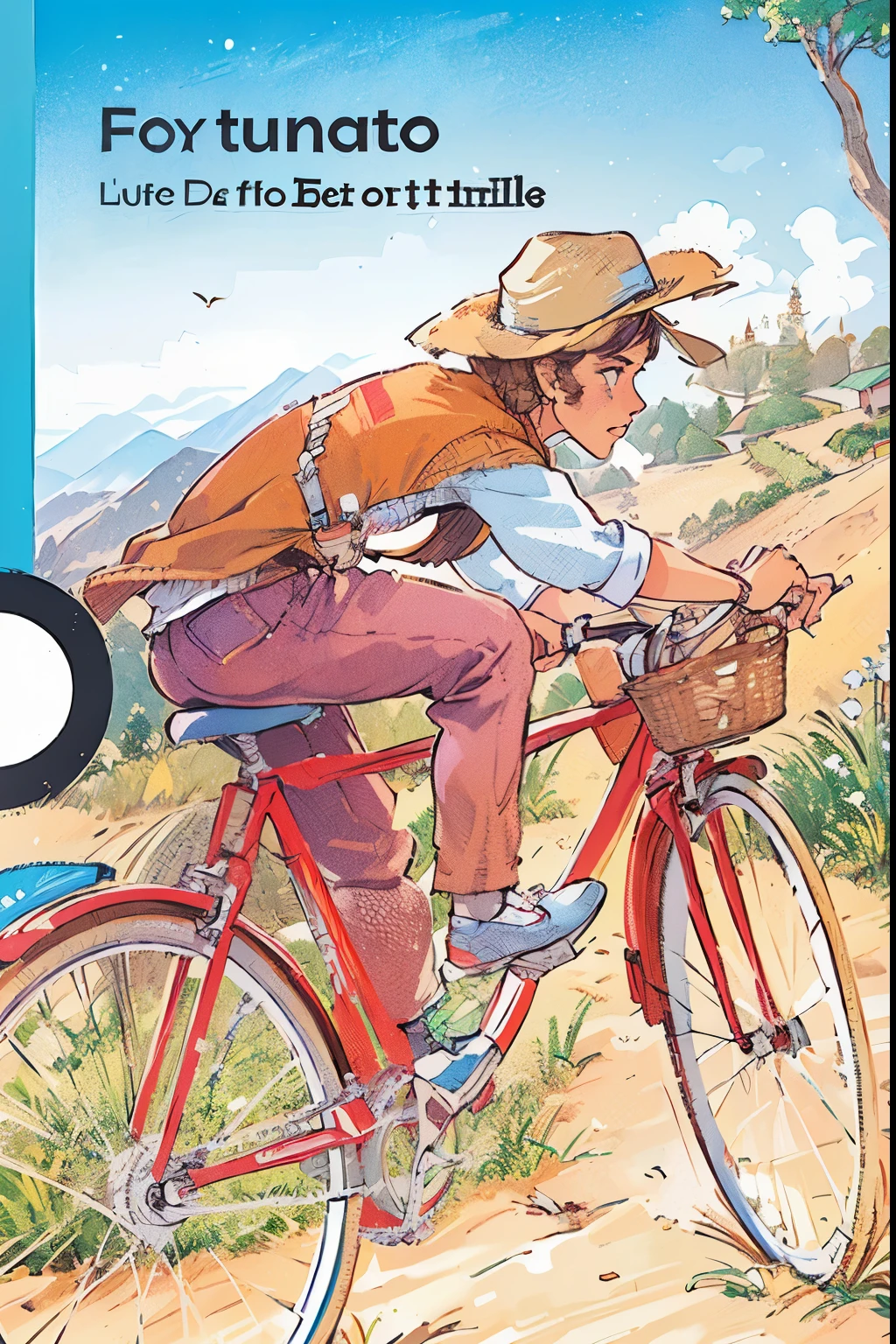 Arafed image of a boy riding a bicycle on a dirt road., inspired por Jessie Newbery, por Jessie Newbery, inspirado en Fred Ludekens, ILLUSTRATION!, inspirado en Robert Alwyn Hughes, bicicleta, cover ILLUSTRATION, inspirado en Randolph Caldecott, bicicletas, jean giraud 8k, Richard Amsel, hoffman bicicleta trip, moebius ghibli