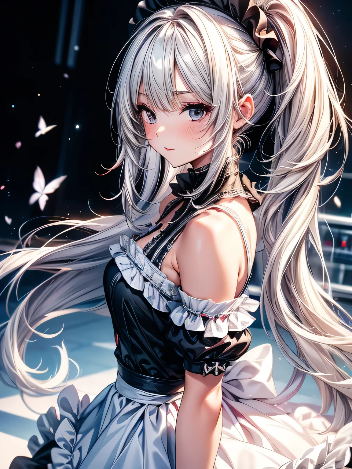 best quality, masterpiece, Ultra-high resolution, Reality, 1 Girl, White hair, Black eyes, maid outfit, oblivious, 30 years old, black eyes, black eyes