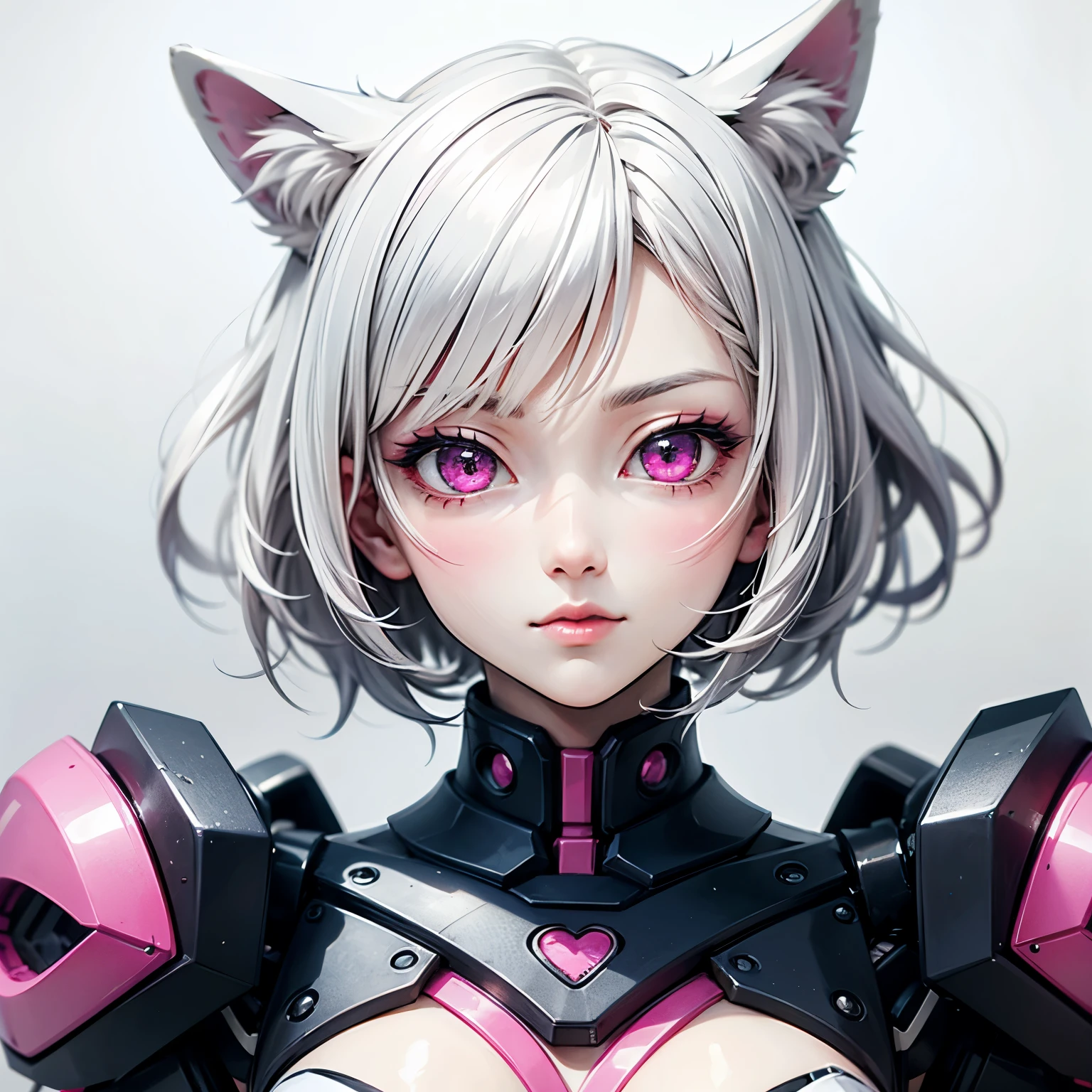 ((best quality)), ((masterpiece)), (detailed), perfect face. White hair. Short hair. Anime girl. Pink eyes. Nekomimi. Mecha. Half body.