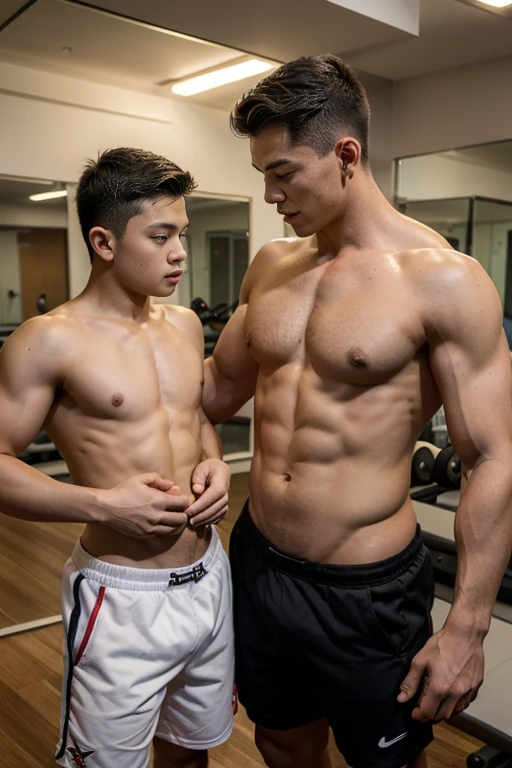 2 men, father 35 years old and son , father hairly body, menly father, babyface son, Muscular father, son slimfit, shirtless, Fitness facilities, asian