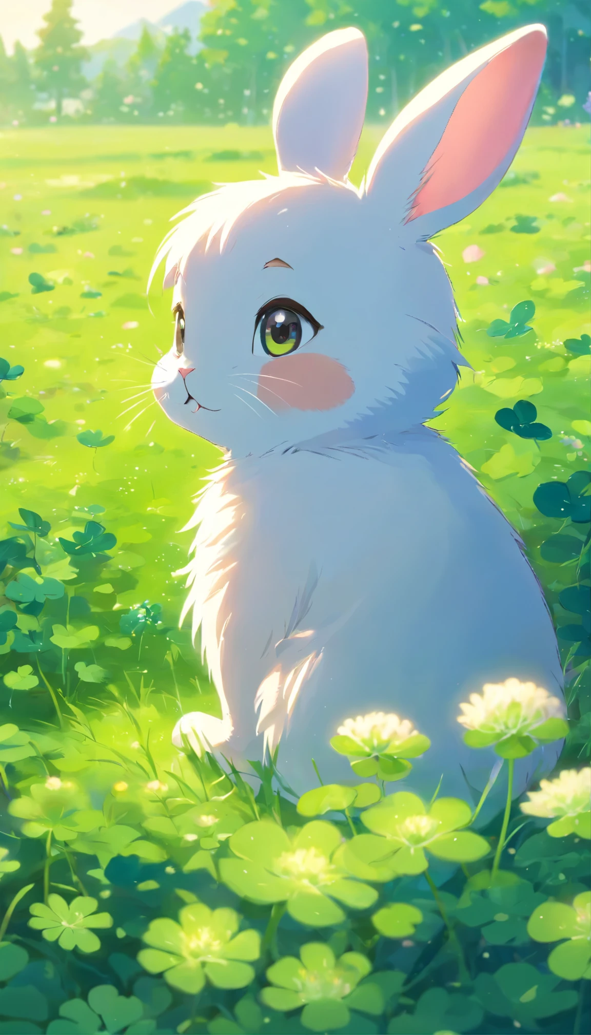 Create a close-up, animated illustration of a fluffy baby bunny sitting in a field of clover. Emphasize the soft fur, big eyes, and twitching nose of the bunny. The background should be a gentle blur of greenery, highlighting the cuteness and innocence of the baby bunny, by makoto shinkai, anime beautiful peace scene, beautiful anime scene, anime background art, anime landscape wallpaper, anime countryside landscape, anime art wallpaper 4 k, anime art wallpaper 4k, beautiful anime scenery, anime art wallpaper 8 k, amazing wallpaper