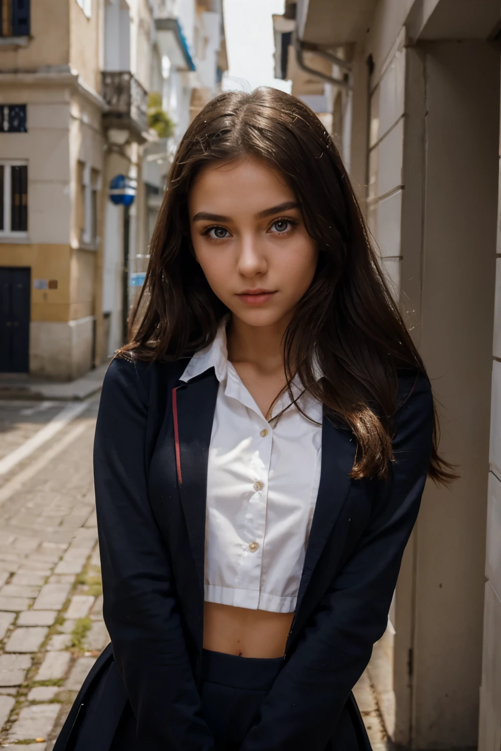 young beautiful girl in school outfit, a predatory gaze, Detailed eyes, beautiful bright european young woman,