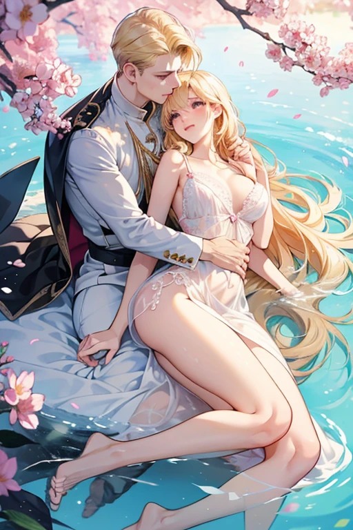 kiss、couple、Lovers、romance、Overflowing、Full body painting、exposed chest、Sheer lace underwear、Underwear to take off、nipple、nippleが透ける、ピンクnipple、pink areola、clitoris、between strands、coupleポーズ, attractive pose, kissing together cutely, passionate pose, 素敵なcouple, 1 male,(blonde hair, gold eyes、expensive、190 cm、manly、Handsome guy、beautiful shape、best style、Beautiful prince,strong body、sexy costume、expensive、Wet gowns、open chest、flowing)、1 female(pink hair,straight long hair、pink eyes、cute big eyes,優しいlaughter、flowers in hair、petite、huge tit、best style、perfect style、rise)、Put your arms around your waist、hug、Grabbing the waist、araffe woman in a white lingerie posing for a picture, lingeries beauty, wearing sexy lingerie, , translucent dress, translucent body, iridescent shiny sheer lingerie, sexy dress, wavy lingeries, smooth clear white skin, lingerie, beautiful sexy woman photo, sexy style, Lovely lady, Transparent Dress, V-chest open clothes, young graceful、squirt、splash water、Izumi, In the park on a sunny day, bright sunny day、bright sunny summer day,blue sky、shine、about、shine湖、clear water、Bright sunshine、colorful flowers、surrounded by flowers、close contact、laughter、slight smile、gentle eyes