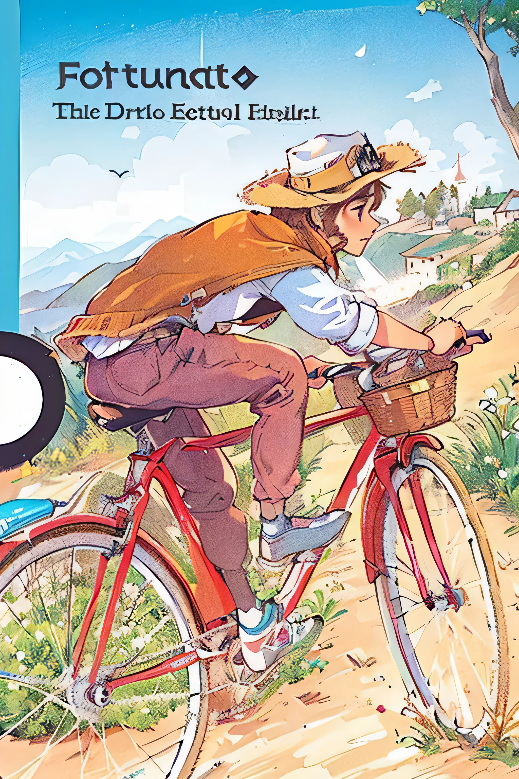 Arafed image of a boy riding a bicycle on a dirt road., inspired por Jessie Newbery, por Jessie Newbery, inspirado en Fred Ludekens, ILLUSTRATION!, inspirado en Robert Alwyn Hughes, bicicleta, cover ILLUSTRATION, inspirado en Randolph Caldecott, bicicletas, jean giraud 8k, Richard Amsel, hoffman bicicleta trip, moebius ghibli