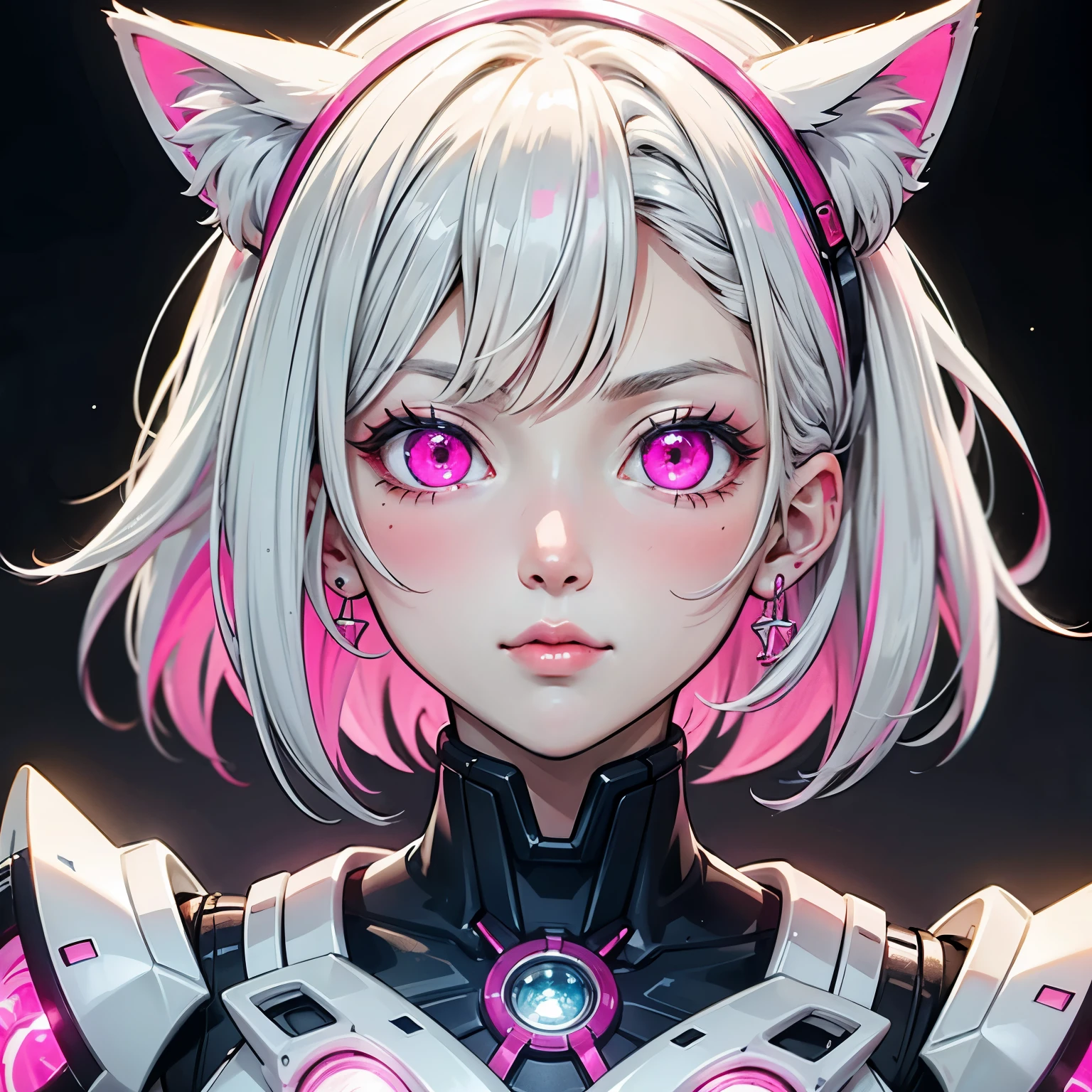 ((best quality)), ((masterpiece)), (detailed), perfect face. White hair. Short hair. Pink inner hair. Anime girl. Pink eyes. Glowing eyes. Nekomimi. Mecha. Half body.