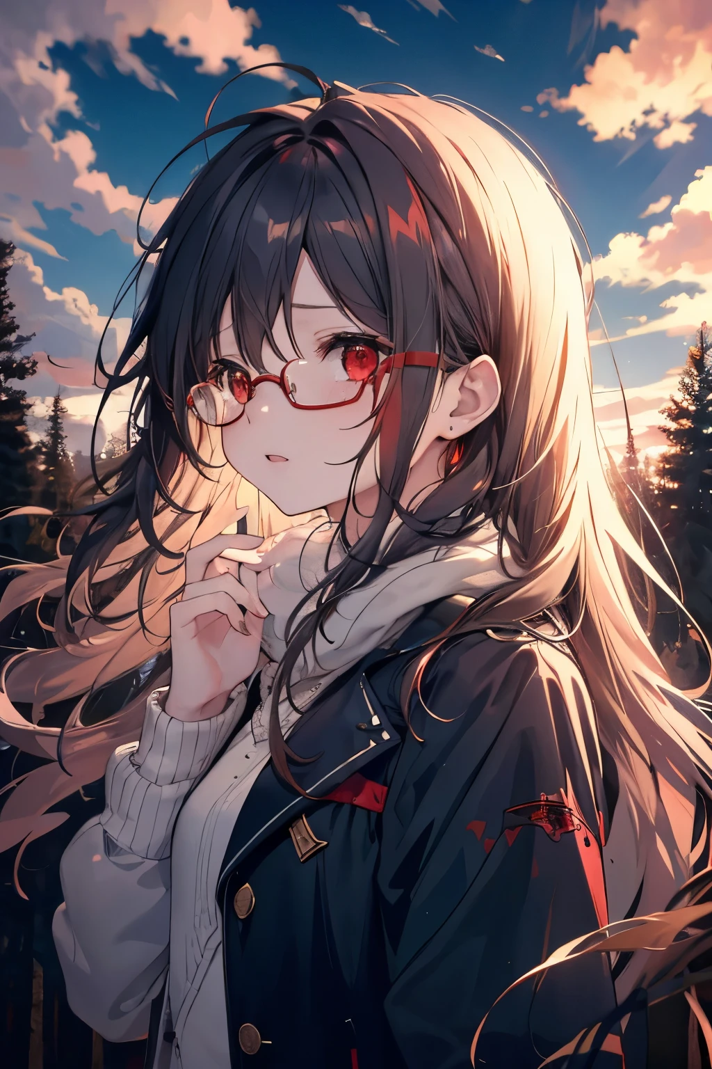 masterpiece, best quality, , rootsy hair, waist-length hair, red eyes, glasses, sky, forest, clouds, looks up, tears