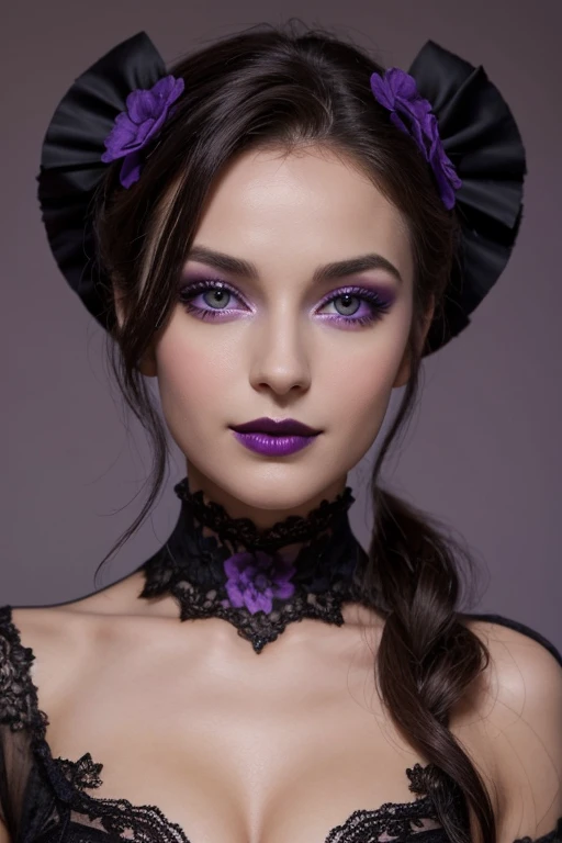 Jeune femme de 25 ans, visage fin, cheveux long, yeux marrons, HD, 8K, masterpiece, sourire romantique, sexy, mascara noir, maquillage noir, black lips, tenue gothique, vêtements noirs et violets, toile d'araignée en dentelle, cheveux noirs et violets, bodypainting, purple paint, dracula, nude, full purple and black bodypainting