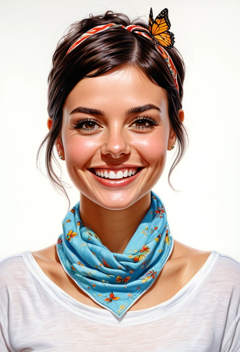 crea una mujer sonriendo de pelo corto pixie, with shirt and neckerchief masterpiece, estilo ilustracion de Ali Erturk, alto detalle, hiperrealista, luz natural,ilustracion , colores llamativos fondo de mariposas
