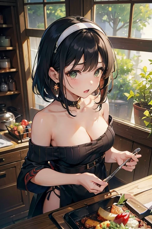 (from above:1.0),(from side:0.9),masterpiece, 1girl, Amazing Cleavage:1.1, thin waist, big ass, Raised sexy, small breast: 1.3, posed cleavage:1.2、solo, looking at viewer, open mouth, have a cute grass of cute beergrass,black hair, dark green eyes, dress, bare shoulders, jewelry, collarbone, sidelocks, hairband, earrings, indoors, off shoulder, :o, sweater, arms behind back, plant, short hair with long locks, gild hairband, off-shoulder dress, sweater dress, off-shoulder sweater, red sweater, dark gord hair, big side hair, very long side hair,is rendered in (masterpiece: 1.2, best quality), with (ultra high resolution) and an exquisite (depth of field). This masterpiece is not only visually stunning but also tells,A scene of cooking in the kitchen by classroom