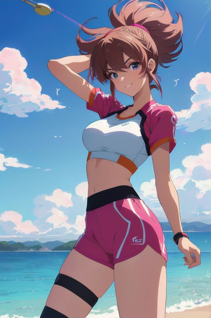 safe for work,(perfect composition),imagined a girl in extreme sport outfit playing to a flying disc game in a beach arena game sport, masterpiece, ultra-detailed, 80's anime (style), 2D, megapixel, perfectionism, full HD , 4K, (windjammers), windjammers sport game, windjammers 2 (((((solo mature anime woman,)))))++++++++++++++++++, looking at viewer, full body, brown hair and pink hair, short hair, weird hair, smile, lips, eyelashes, medium breasts, gym uniform, uniform, gym shorts, headband, sports bra, elbow pad, knee pad, extreme sports outfit 80's theme, beach background, playing flying disc game on a beach court game, sea, sun in the sky, sports wear