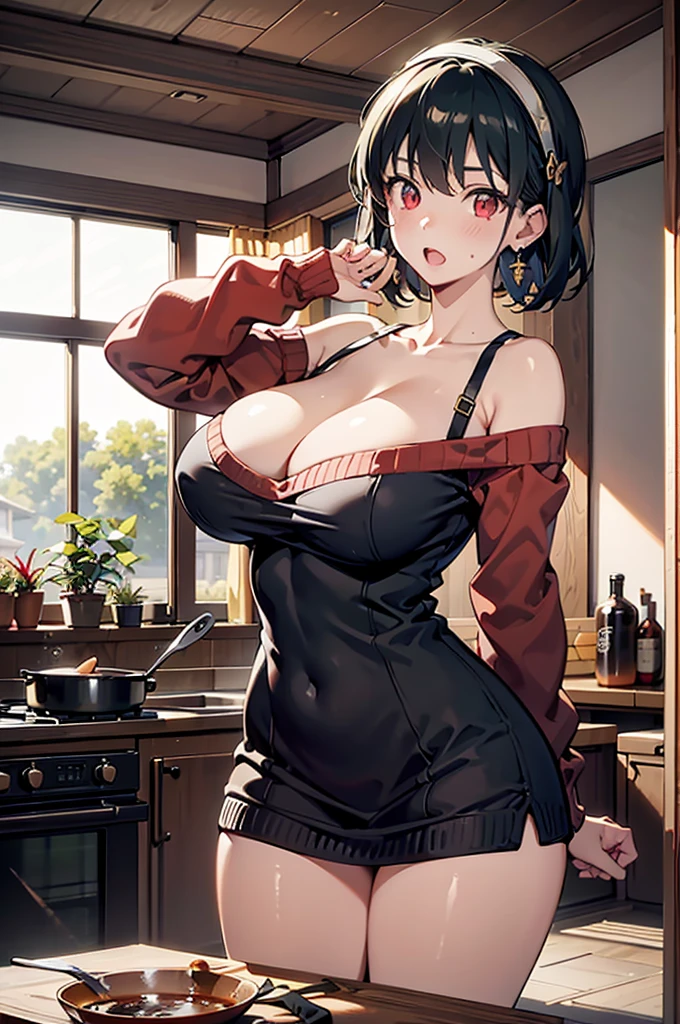masterpiece, yor, 1girl, Bust A Cup, Amazing Cleavage:1.3, thin waist, big ass, Raised sexy, big breast: 1.2 posed cleavage:1.2、solo, looking at viewer, open mouth, have a cute grass of cute beergrass,black hair, red eyes, dress, bare shoulders, jewelry, collarbone, sidelocks, hairband, earrings, indoors, off shoulder, :o, sweater, arms behind back, plant, short hair with long locks, white hairband, off-shoulder dress, sweater dress, off-shoulder sweater, red sweater, big side hair, very long side hair,is rendered in (masterpiece: 1.2, best quality), with (ultra high resolution) and an exquisite (depth of field). This masterpiece is not only visually stunning but also tells,A scene of cooking in the kitchen