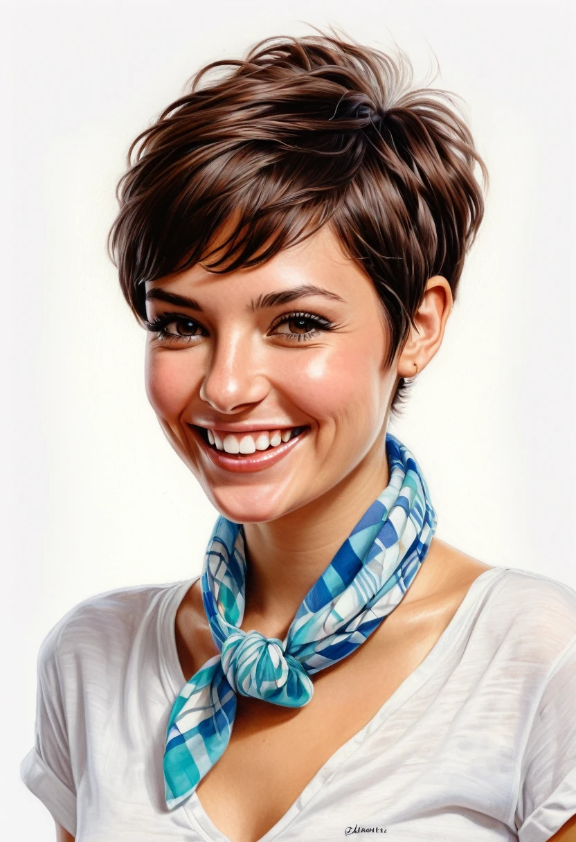 crea una mujer sonriendo de pelo corto pixie, with shirt and neckerchief masterpiece, estilo ilustracion de Ali Erturk, alto detalle, hiperrealista, luz natural,ilustracion , colores llamativos fondo de mariposas
