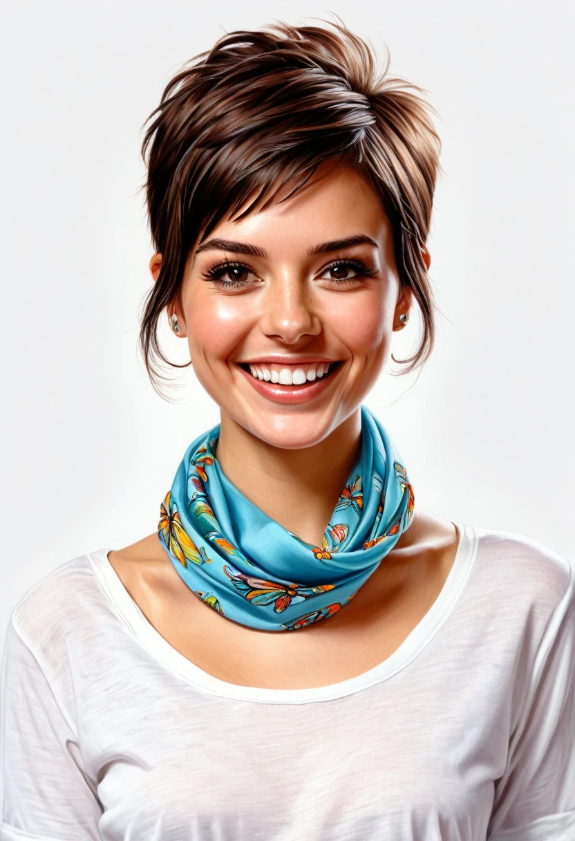 crea una mujer sonriendo de pelo corto pixie, with shirt and neckerchief masterpiece, estilo ilustracion de Ali Erturk, alto detalle, hiperrealista, luz natural,ilustracion , colores llamativos fondo de mariposas