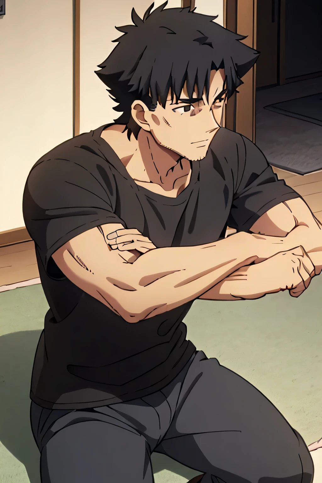 Kiritsugu Emiya is sitting and flexing his biceps. He is wearing a black tshirt with short sleeves and black boxershorts. You can see his abs. He has many big veins on his arms.