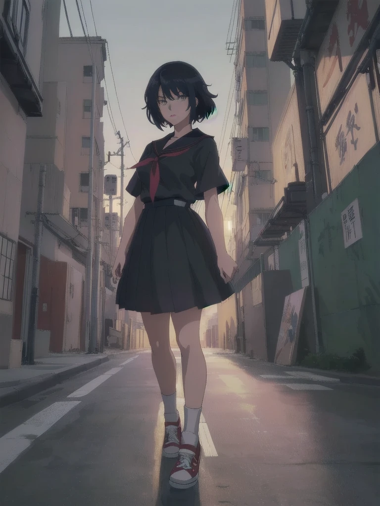 (perfect composition), (high resolution, masterpiece, ultra best quality, ultra HD, 4k,HD, high detailed ),anime character Sukeban delinquent girl  standing on a city street corner in black seifuku with black very long skirt, anime style. 8k, anime style mixed with fujifilm, retro anime girl, anime styled digital art, in tokyo, anime style illustration, anime style 4 k, anime style artwork, anime poster film still portrait, tokyo anime scene, modern anime style, anime style digital art, short hair, 26year old, red converse,