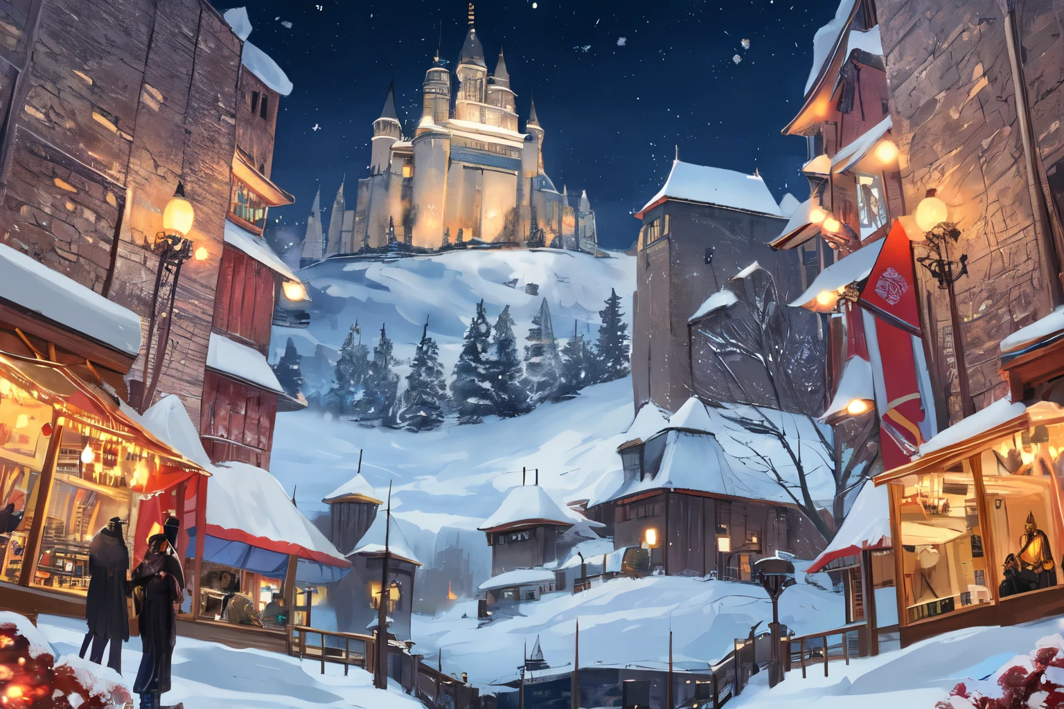 empire background, night, people living their lives in empire, mediaval setting, city center, knights patrolling area, winter, snowy
