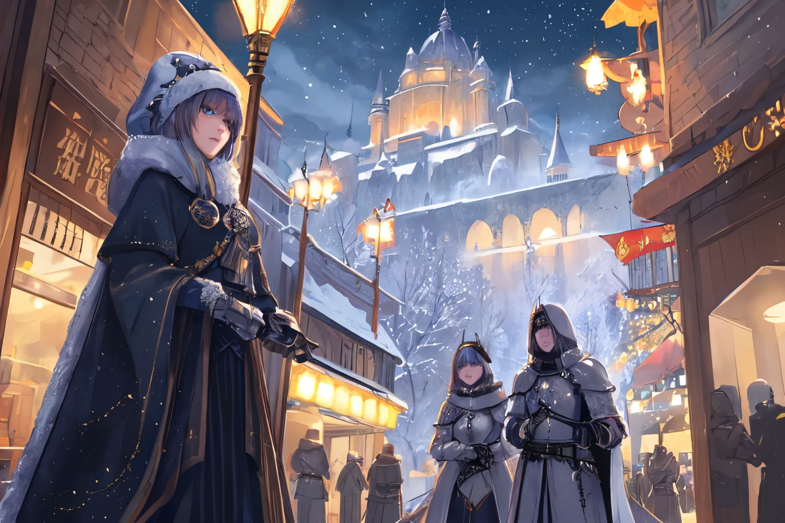 empire background, night, people living their lives in empire, mediaval setting, city center, knights patrolling area, winter, snowy