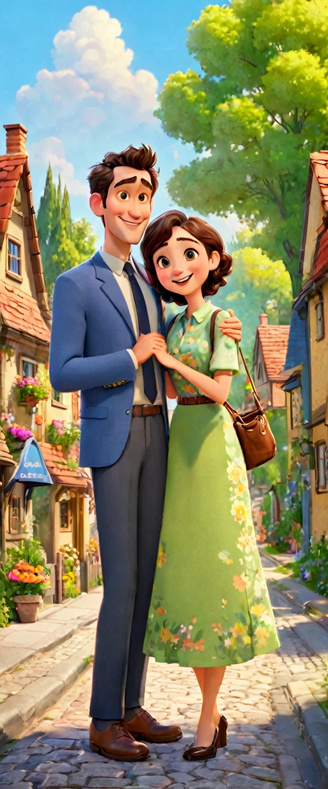 couple on the street, a village with lots of trees and flowers, with very cute houses, happy couple in modest clothes, with bags, in formal style clothes, well groomed, arriving happily to talk to people in the houses. pixar drawing.